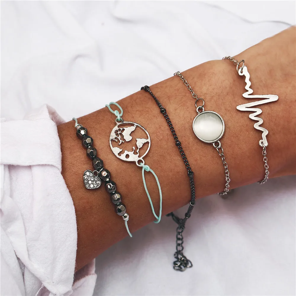 Bohemian Beads Charm Bracelets Set For Women New Fashion Shell Pineapple Map Stone Multilayer Bracelet Female Party Jewelry 2019