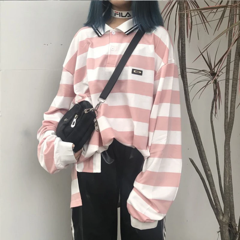 2019 новые весенние ulzzang Harajuku bf Поло рубашка свободная футболка топ в стиле ретро