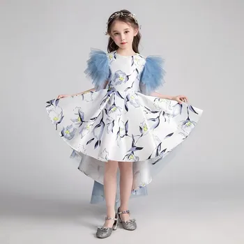 

2019Summer Korean Sweet Childre Girls Chinese Style Printing Flowers Birthday Evening Dress Kids Model Show Pageant Tail Dress