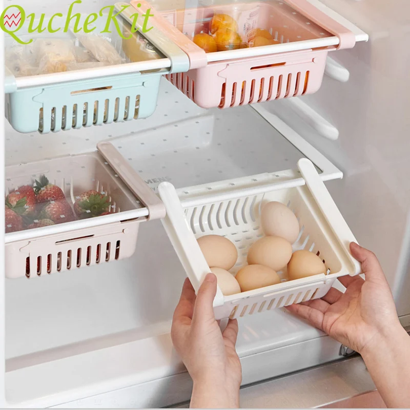 

Kitchen Organizer Adjustable Kitchen Refrigerator Storage Rack Fridge Freezer Shelf Holder Pull-out Drawer Organiser Egg Tray