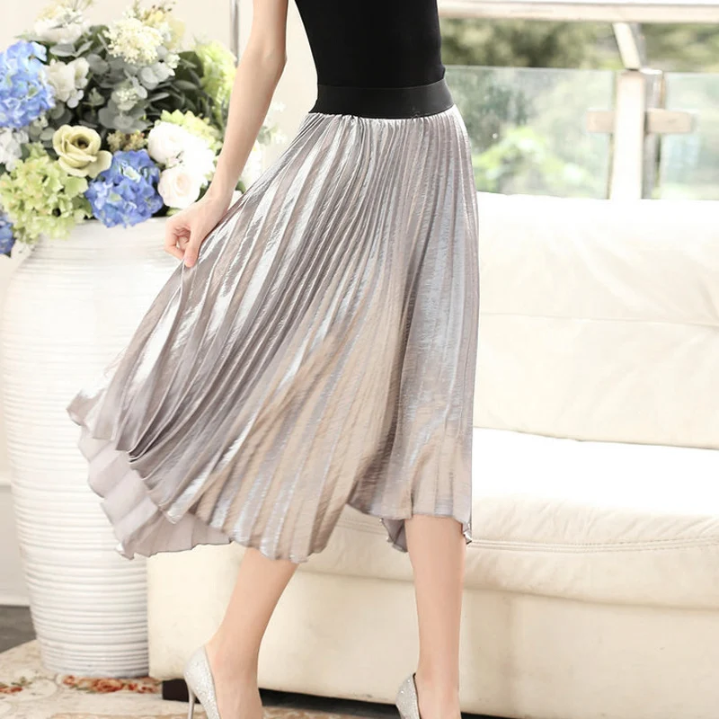 Aonibeier металлическая атласная трапециевидная плиссированная юбка с асимметричным подолом, летняя облегающая юбка с высокой талией, модная женская большая свободная длинная юбка