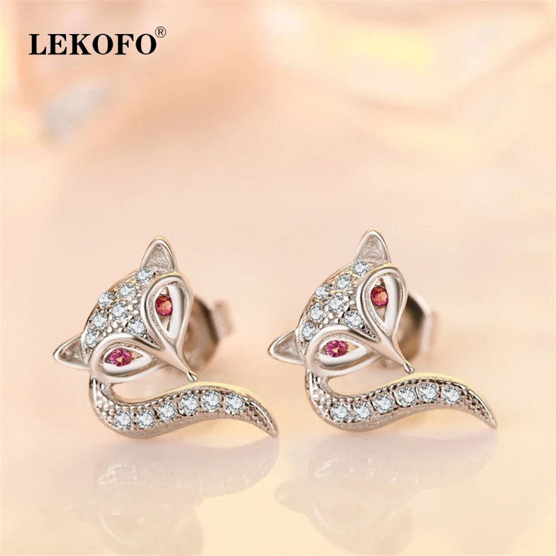 

LEKOFO New Fashion Earrings Jewelry Charming Little Fox Design Luxury Crystal 925 Sterling Silver Stud Earrings
