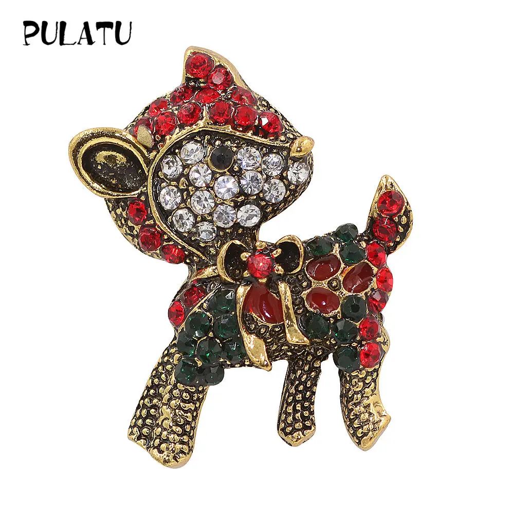PULATU Classic Christmas Deer Brooch Pins Unisex Ancient Gold Color