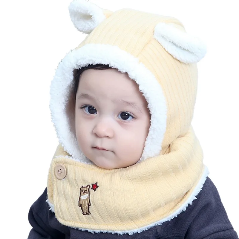 Теплый шарф с капюшоном; зимние однотонные вязаные шапки для маленьких мальчиков и девочек; детская теплая шапка с ушками - Цвет: M