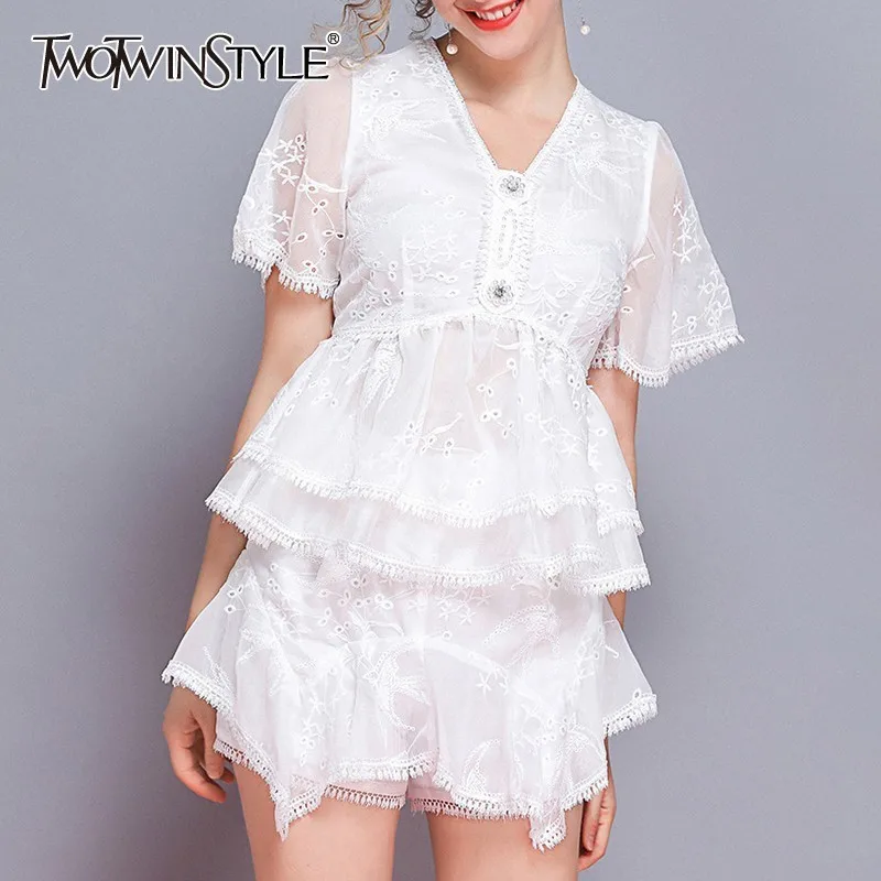 

TWOTWINSTYLE Summer Embroidery Women Two Piece Set V Neck Short Sleeve Tunic Tops High Waist Loose Shorts Female Suit Fashion