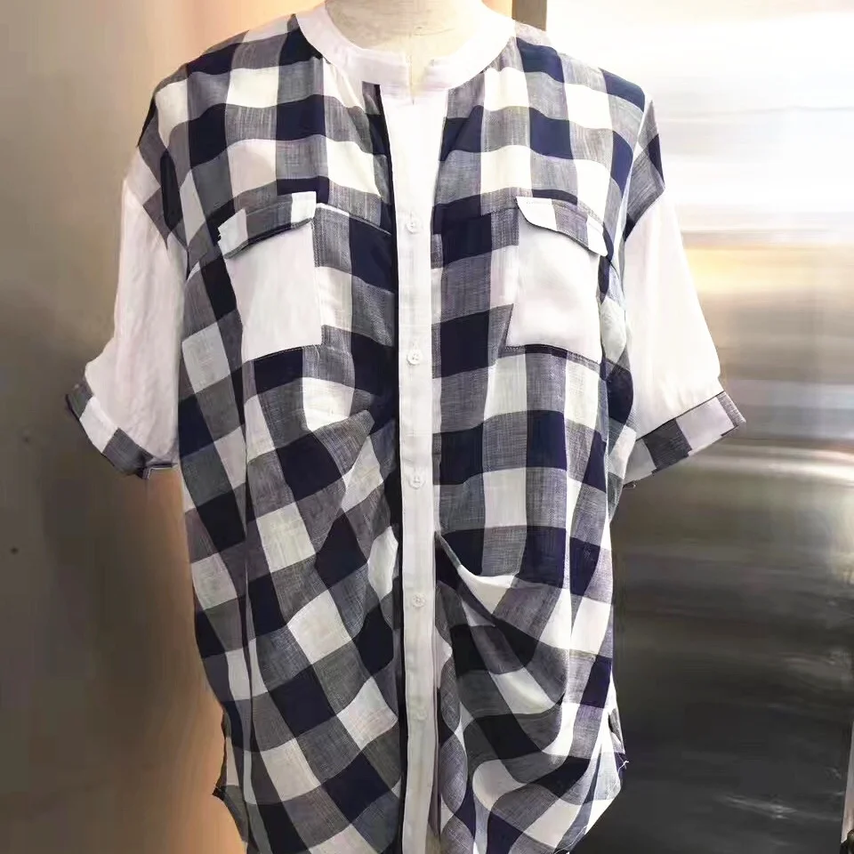 Black And White Plaid Shirts Cotton Button V Neck Women's