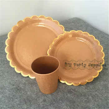 

8 Sets Kraft Brown with Metallic Gold Table Setting Plates Cup Kids Birthday Wedding Decor Cake Luncheon Paper Trays Cups