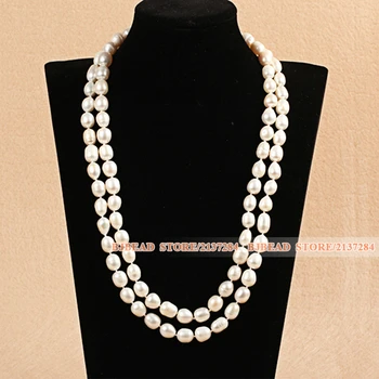 

46.5 Inches Popular Big Design Long Style Mother Gift 9-10mm Natural White Freshwater Rice Pearl Necklace / Sweater Chain