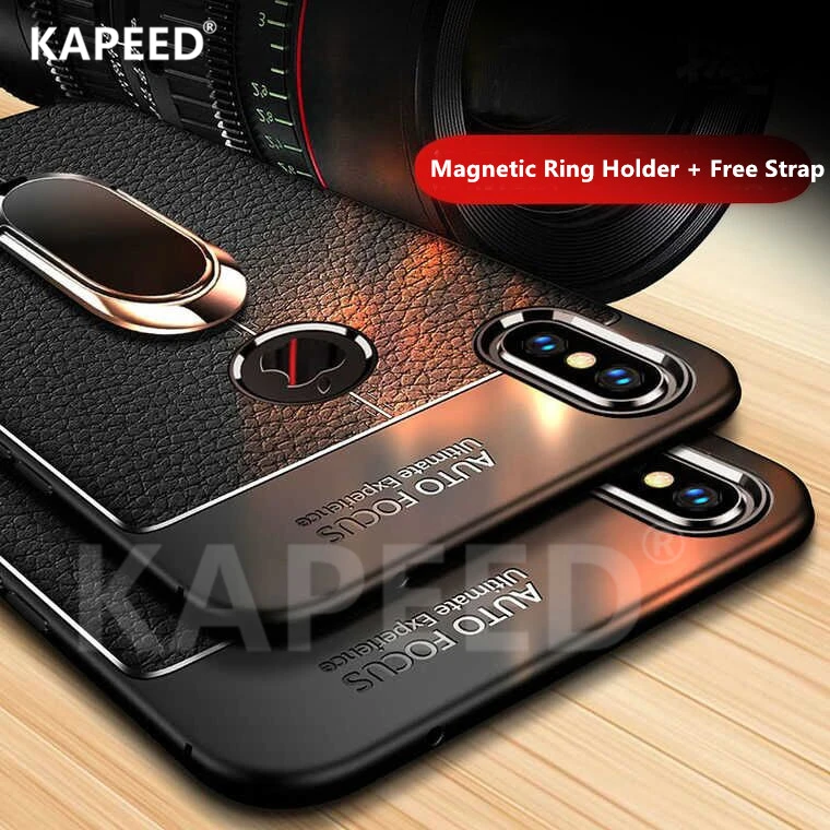 

KAPPED For Iphone 6 6S 7 8 Plus Luxury Lychee Leather Magnetic Ring Soft Silicone Phone Case For Iphone X XR XS Max Cover Fundas