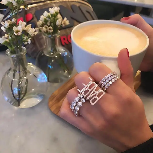 

2019 colorful cz band letter ring Gold color rainbow BABE stone CZ rings for women Delicate Stunning Simple open adjustable Ring