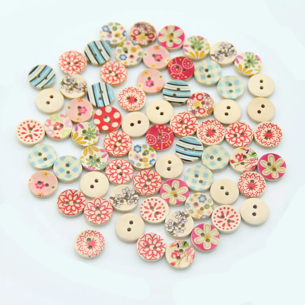 

30pcs Mix Flower Printed Round Wooden Buttons 2 Holes 15mm Wood Button Sewing Accessory For Scrapbooking Clothing DIY Decoration
