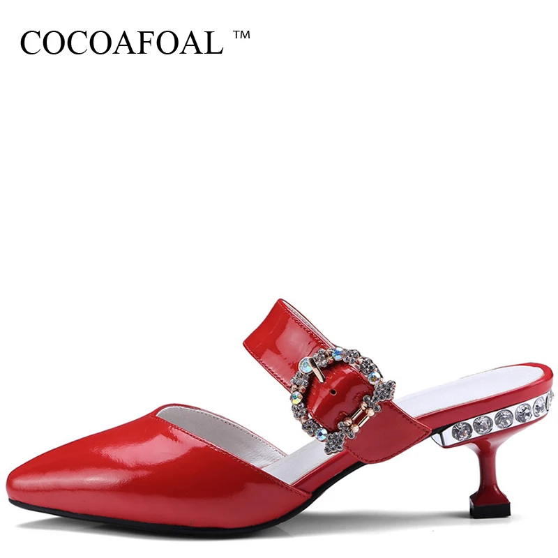 

COCOAFOAL Women's Rhinestone Slides Black Gray Red Flower Slippers Summer Genuine Leather High Heels Crystal Sandbeach Slides