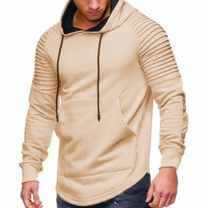 LAAMEI Men's Hoodies Pleated Long Sleeve Men Sweatshirt Pocket Longline