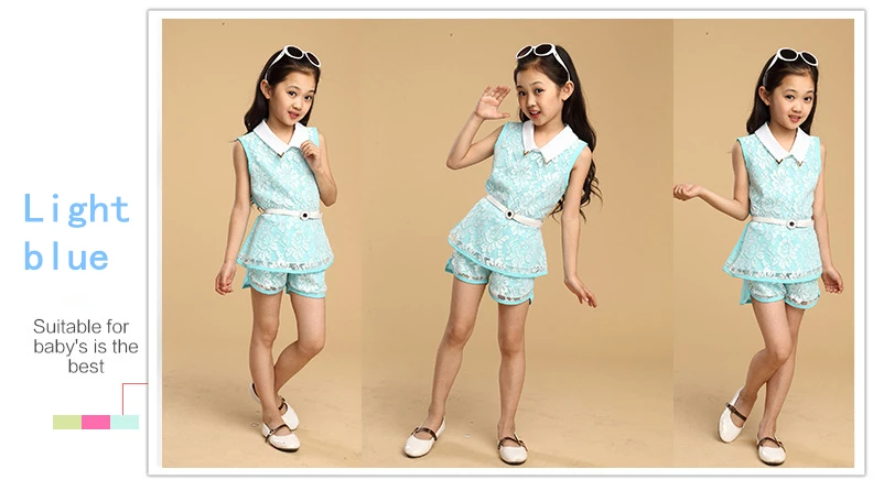 4-13Y Fashion Girls Clothes Set 2018 Summer Lace Flower Kids Outfit Girl Sleeveless Top Shorts Belt 3Pcs Suits Children Clothing (5)