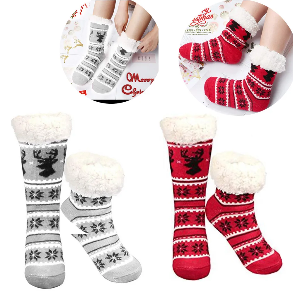 

Hot Autumn Winter Christmas Gift Deer Warm Snowflake Comfortable Fleece Lining Slipper For Women Oil Funny Happy Socks