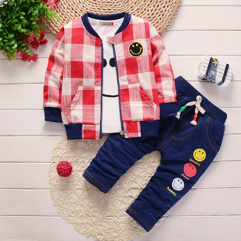 

Newborn Baby Boys Spring Autumn Casual Children Clothing Smile Pattern t-shirt Pants Lattice Outwear 3Pcs Bebes Jogging Suits
