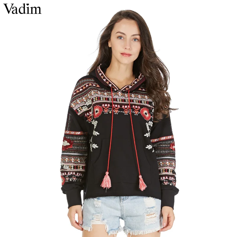 Vadim vintage geometric embroidery sequined hooded sweatshirt oversized