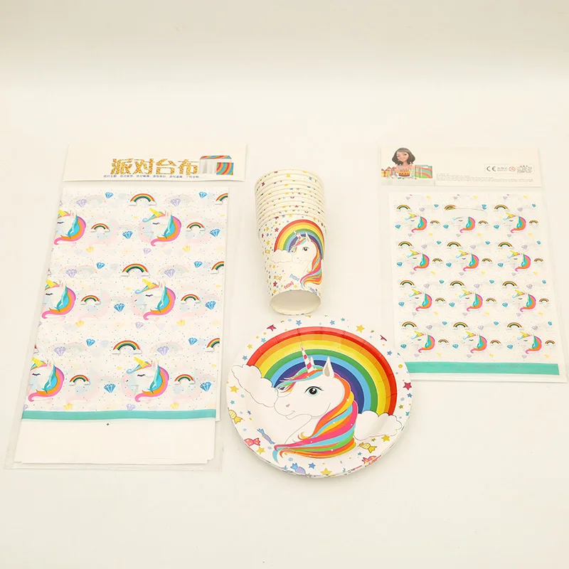 

Unicorn theme High-quality Tableware Set Total 37pcs Cup+Gift bag+Tablecover+Plate Children Birthday Party Decorations Supplies