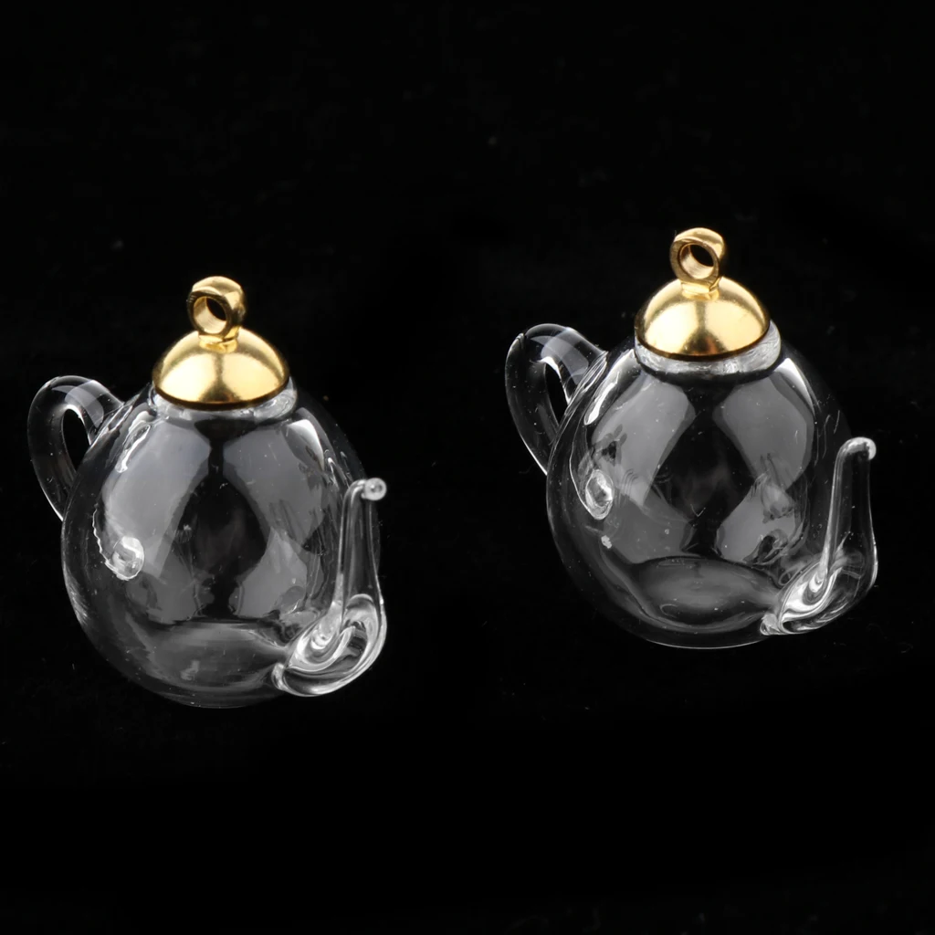 2Pcs Mini Teapot Empty Glass Wishing Cap Bottles Vial Pendant Charms Craft DIY