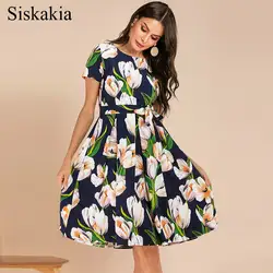 Siskakia Лето 2019 женское Цветочное платье элегантный вокруг шеи короткий рукав до колена платья цветочный принт тонкий пояс