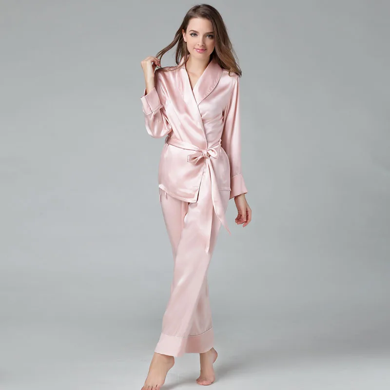 Шелк тутового шелкопряда пижамы набор для женщин Твердые Роскошные кимоно топы+ длинные брюки пижамы одежда для отдыха пижамы костюм для женщин