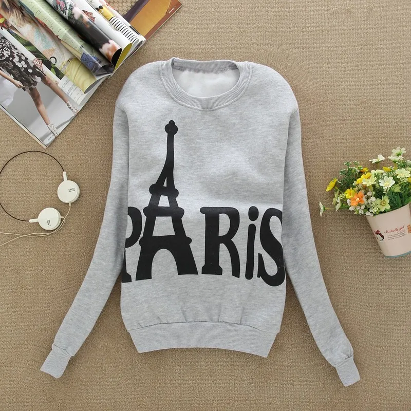 

2016 Fashion Spring Fall Women's Wear Long Sleeved Slim Sweatshirts Printed Paris Pullover Sweatshirts Student Clothing Moleton
