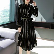 Striped velvet stand neck shirts dress 2018 new full sleeve single breasted women autumn long dress Striped velvet stand neck shirts dress 2018 new full sleeve single breasted women autumn long dress