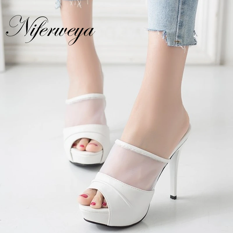 

Fashion Summer women shoes Sexy 11 cm Platform High Heel Slides big size 33-43 Peep Toe Slippers Sandals zapatos mujer