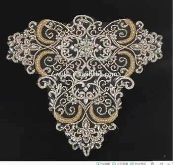 

wuku crystal lace handmake sew on body tulle applique patch in gold LA-46