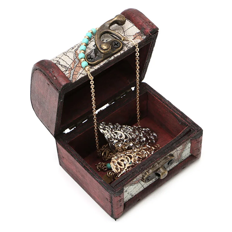 Wooden Pirate Map Jewellery Storage Box Case Holder Vintage Treasure Chest HT0809