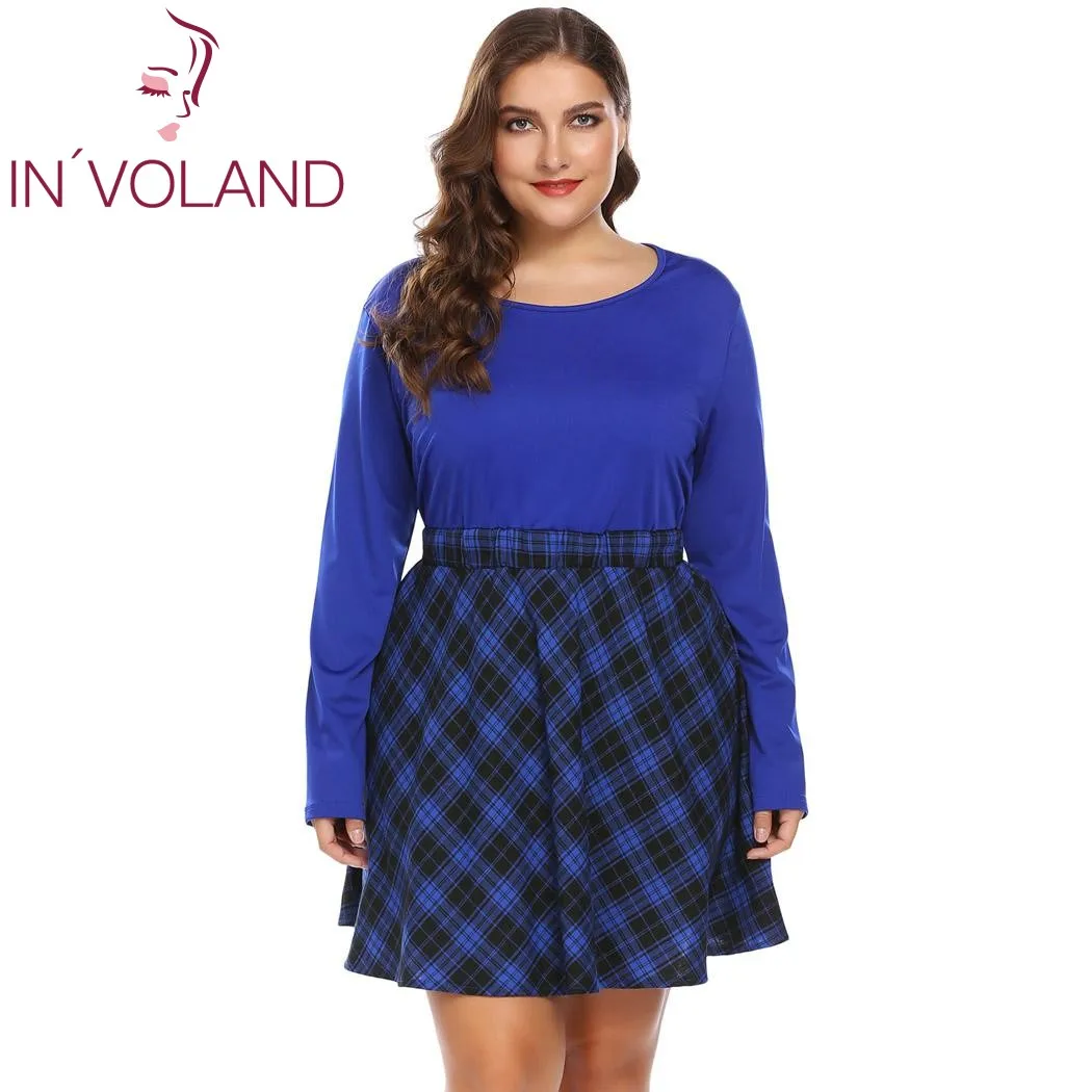 IN'VOLAND, женское винтажное платье размера плюс XL-5XL, с длинным рукавом, в клетку, в стиле пэчворк, большая посадка и расклешенные, облегающие платья, Feminino Vestidos