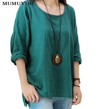 Женская хлопковая льняная футболка с длинным рукавом рукав летучая мышь винтажный пуловер с круглым вырезом футболки с регулируемым рукавом Верхняя Нижняя рубашка 914-221