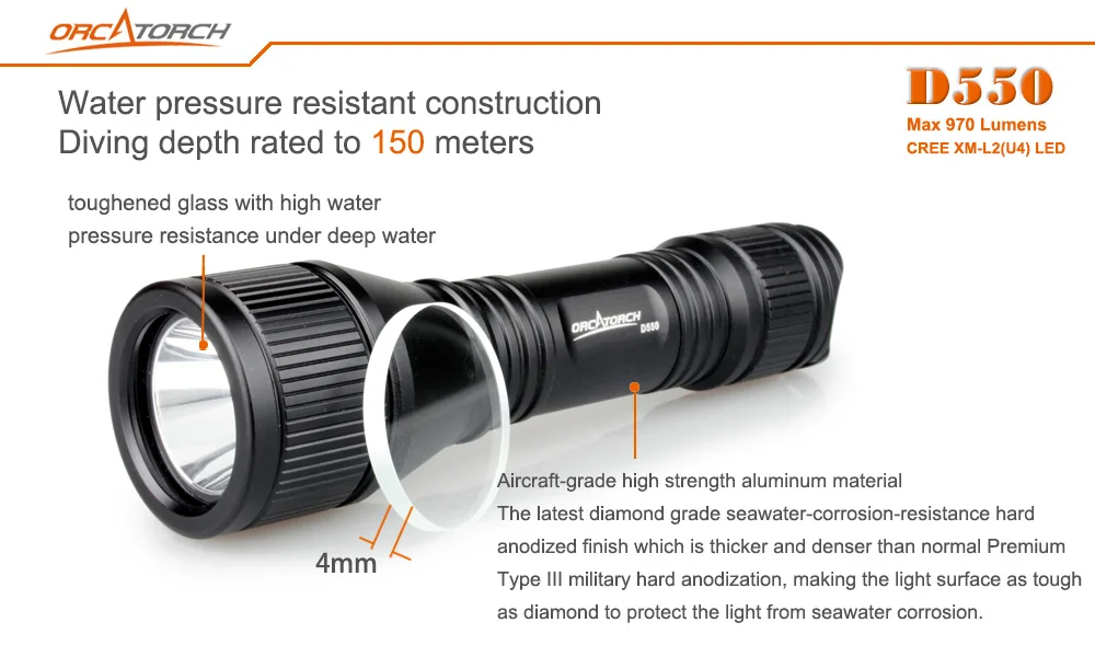 ORCATORCH D550 970 LM Diving Flashlight Underwater Scuba Diving Light 14