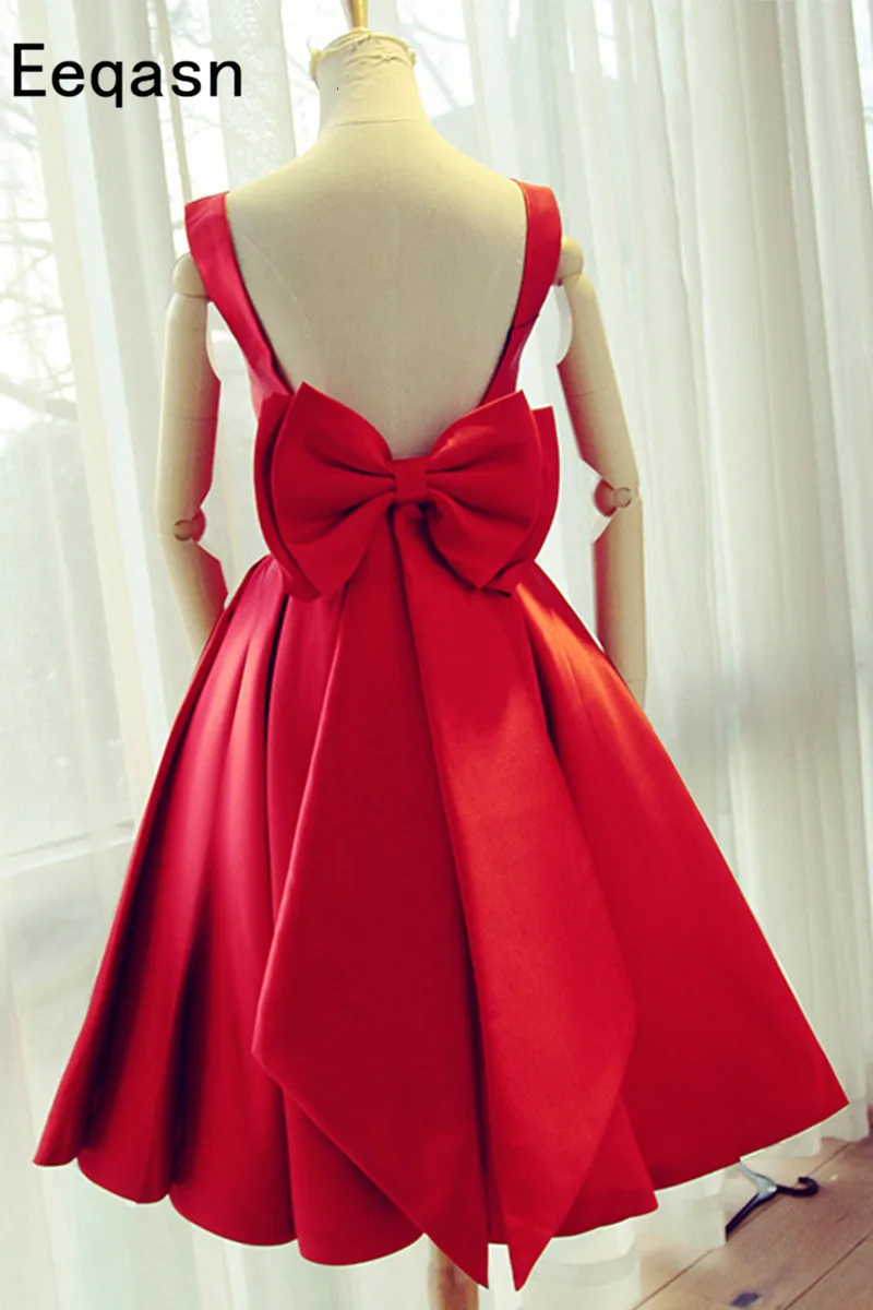 Красные атласные платья подружки невесты с рюшами, короткие сексуальные платья трапециевидной формы с открытой спиной длиной до колена, платья для выпускного вечера с глубоким вырезом, свадебное платье для гостей - Цвет: Pictures color