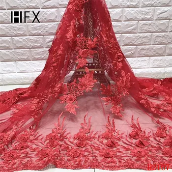 

HFX Nigerian Lace Fabrics Red High Quality Rhinestones Wedding Net Lace Beaded French Lace Fabric for Girls X2167