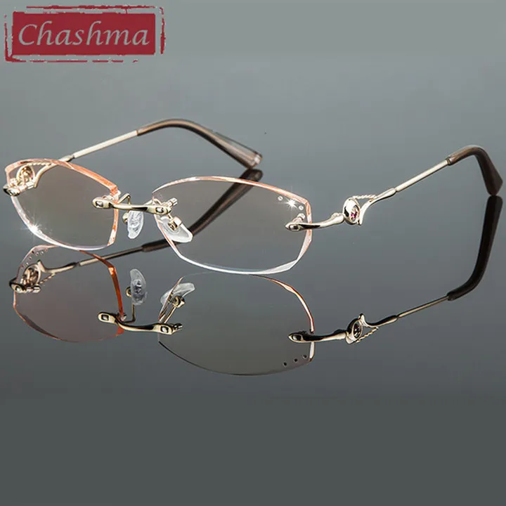 Алмазные очки оправа для женщин титановая оправа для очков женские очки модные тонированные линзы со стразами без оправы - Цвет оправы: Gold