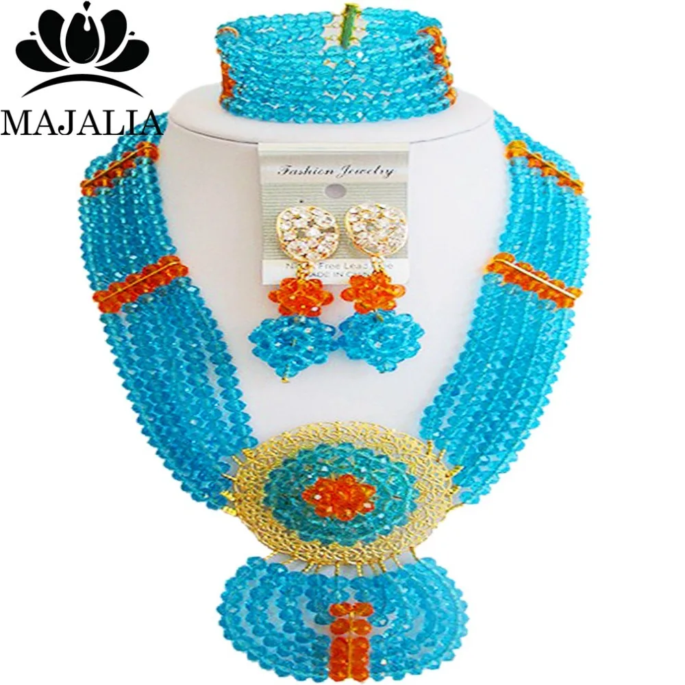 

Majalia Fashion Nigeria Wedding African Beads Jewelry Set Lake blue and Champagne Crystal Necklace Bridal Jewelry Sets 6DN060