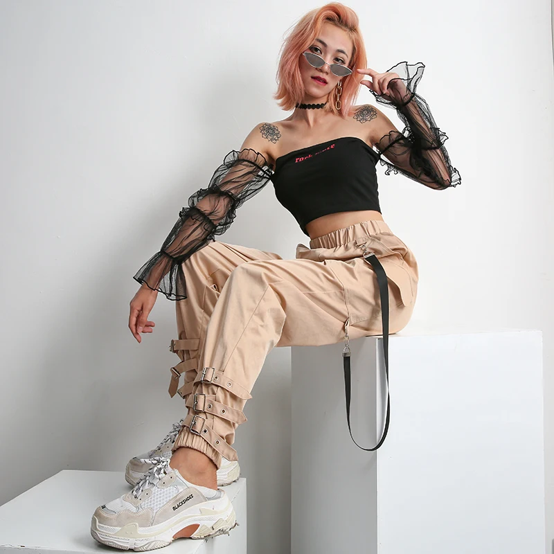 Sweetown Harajuku Punk Rock Cargo Long Pants Women Street Style Pantalon Femme Streetwear Khaki Elastic High Waist Harem Pants