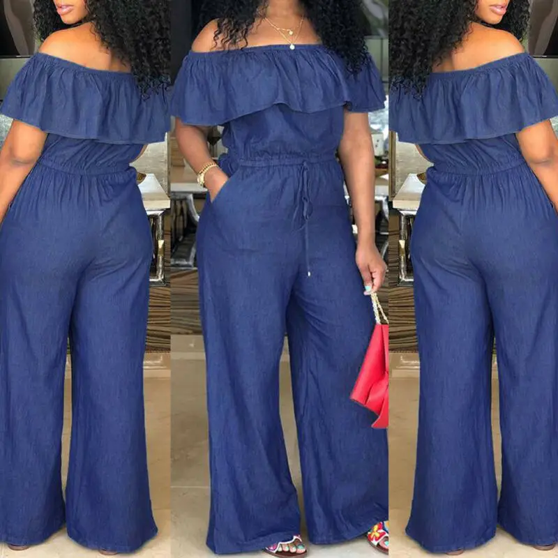 Fashion Casual Women Solid Off Shoulder Long Romper Jumpsuit Bodysuit Overall Wide Legs
