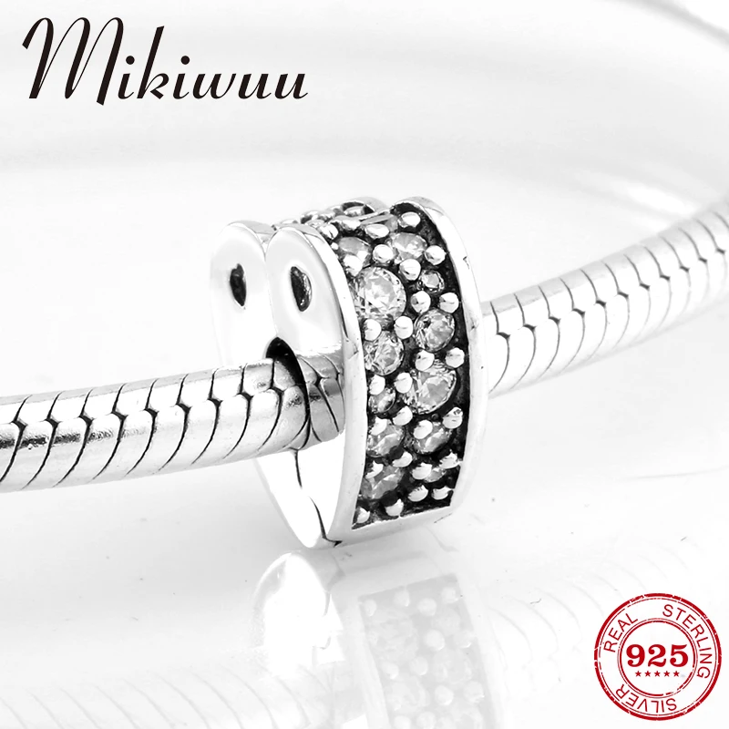 

925 Sterling Silver crystal Zircon heart shape fixed clip Lock Spacer beads Jewelry making Fit Original Pandora Charm Bracelet