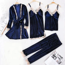 Серые женские 4 шт. ремень Топ и штаны костюм пижама комплекты одежды для сна весенние бархатные домашние ночная рубашка кимоно халат