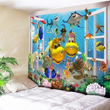 

Sea Underwater Dolphin Tapestry Psychedelic Wall Hanging Kids Bedroom Bedside Decorative Wall Carpet Bohemian Blanket Tapisserie