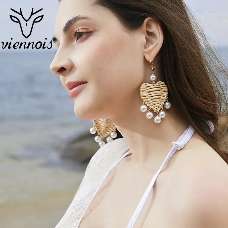 

Viennois Simulated Pearl Dangle Heart Manual Weave Exaggeration Earring For Woman Jewelry 2019