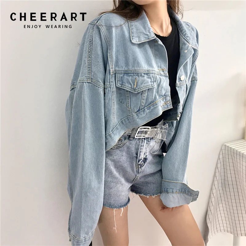 

Cheerart Harajuku Denim Cropped Jacket Women High Low Blue Jean Jacket Asymmetrical Cropped Coat Autumn 2018 Streetwear