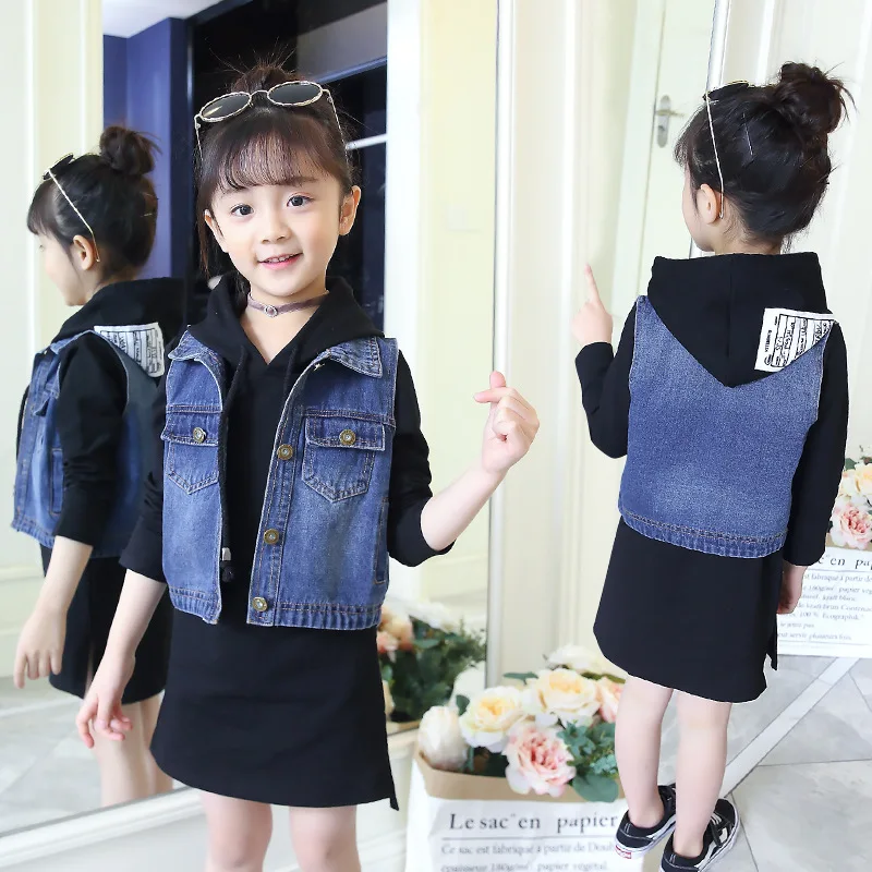 

2019 Baby Girls Clothing Set 2PCS Denim Waistcoat Vest + Long Sleeve Dress Fashion Children Tracksuits Kids Girls Clothing Set