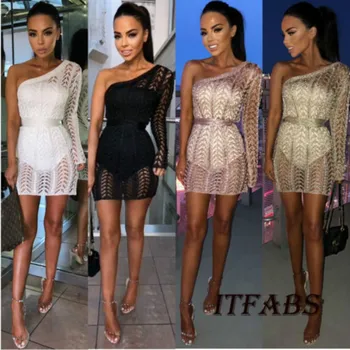 

Skirts HOT Women 2018 Autumn One shoulder Single Sleeve Sexy Slim Solid Skirts Clubwear Outfit