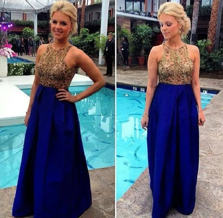 Royal BLue Prom Dresses 2015 New Arrival Heavy Beading A Line Gold Crystals Plus Size Evening