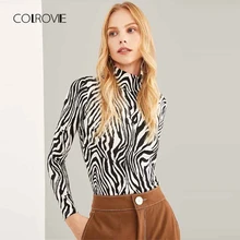COLROVIE, черная и белая сексуальная футболка с высоким воротом и принтом зебры, с длинным рукавом, для женщин, осень, Highstreet, тонкие топы, футболки, женская одежда