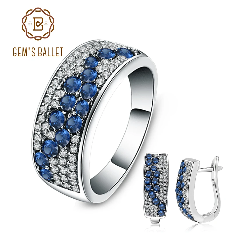 GEM'S BALLET Round Natural Blue Sapphire Gemstone Vintage Jewelry Set 925 Sterling Silver Earrings Ring For Women Wedding | Украшения и