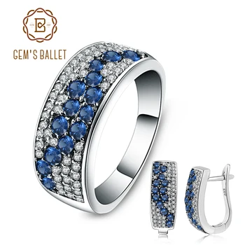 

GEM'S BALLET Round Natural Blue Sapphire Gemstone Vintage Jewelry Set 925 Sterling Silver Earrings Ring Set For Women Wedding